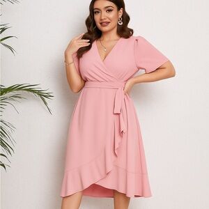 SHEIN Pink Asymmetrical Wrap Midi Dress